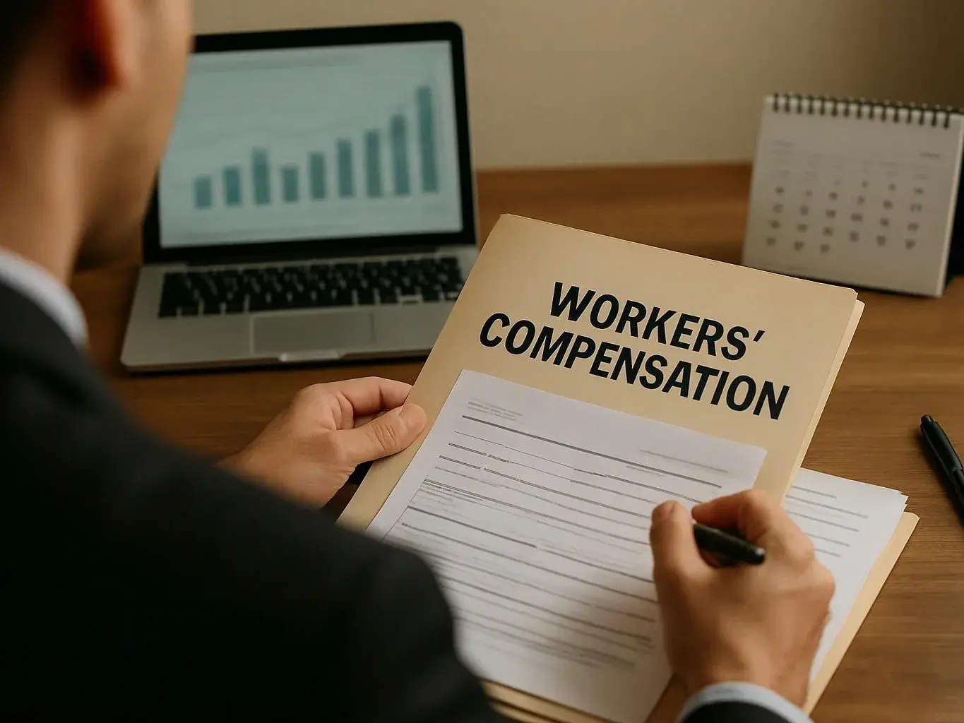 A person reviews a workers’ compensation folder and fills out a form at a desk with a laptop and calendar