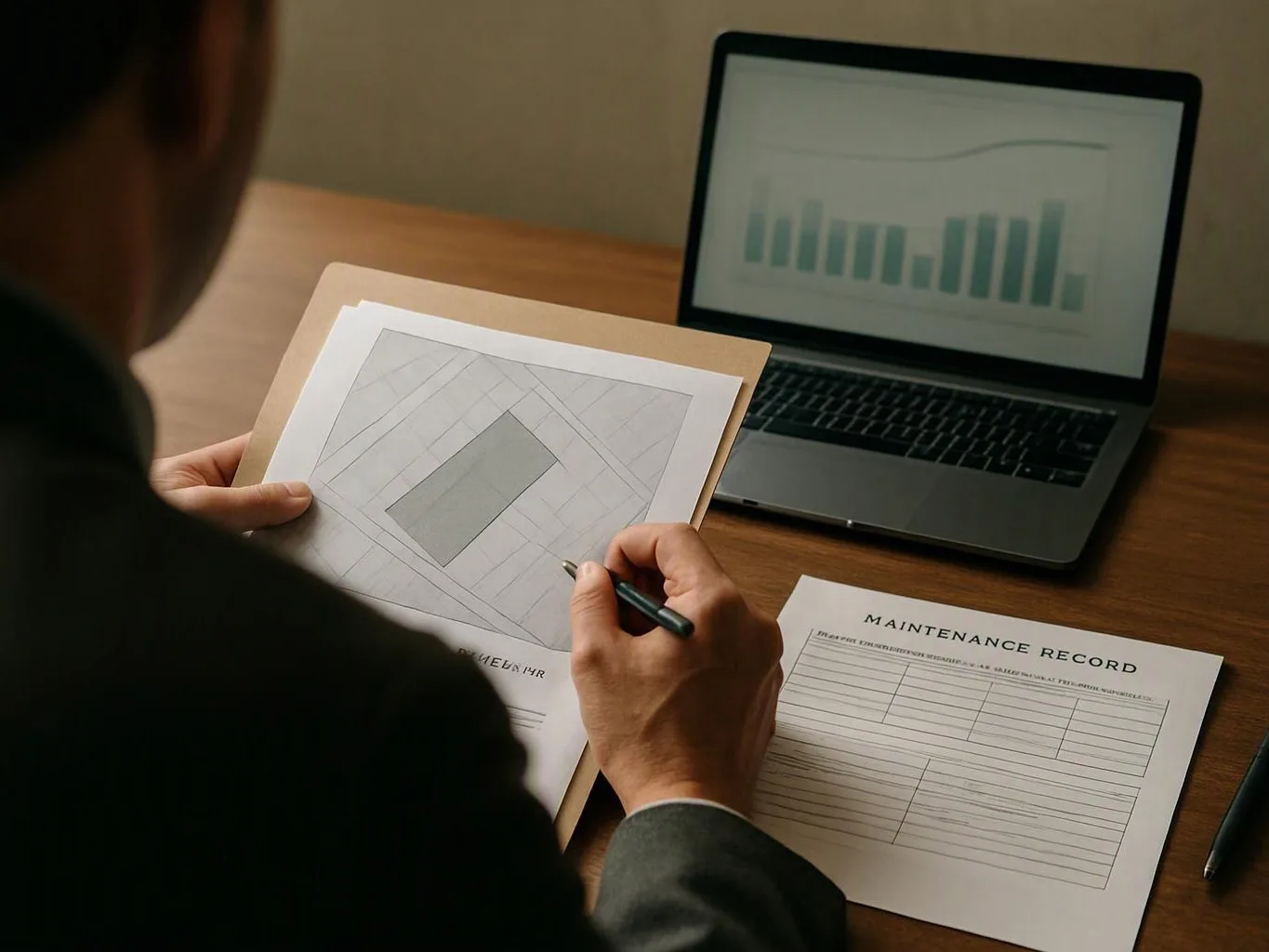 A person sketches a floor plan on paper beside a laptop, with maintenance forms on a wooden desk