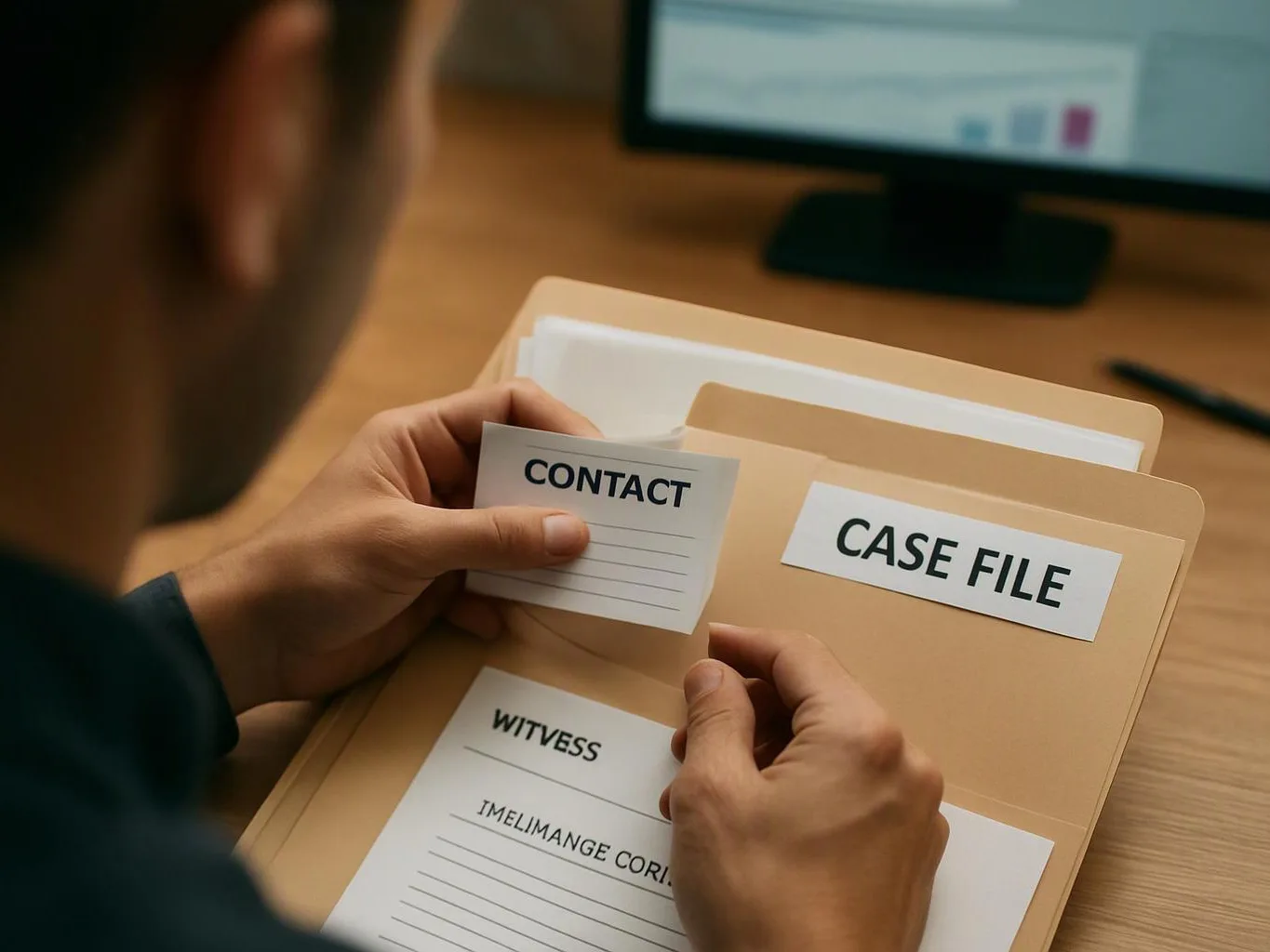 A person sorts paper cards into a case file folder at a desk, with a computer monitor in the background