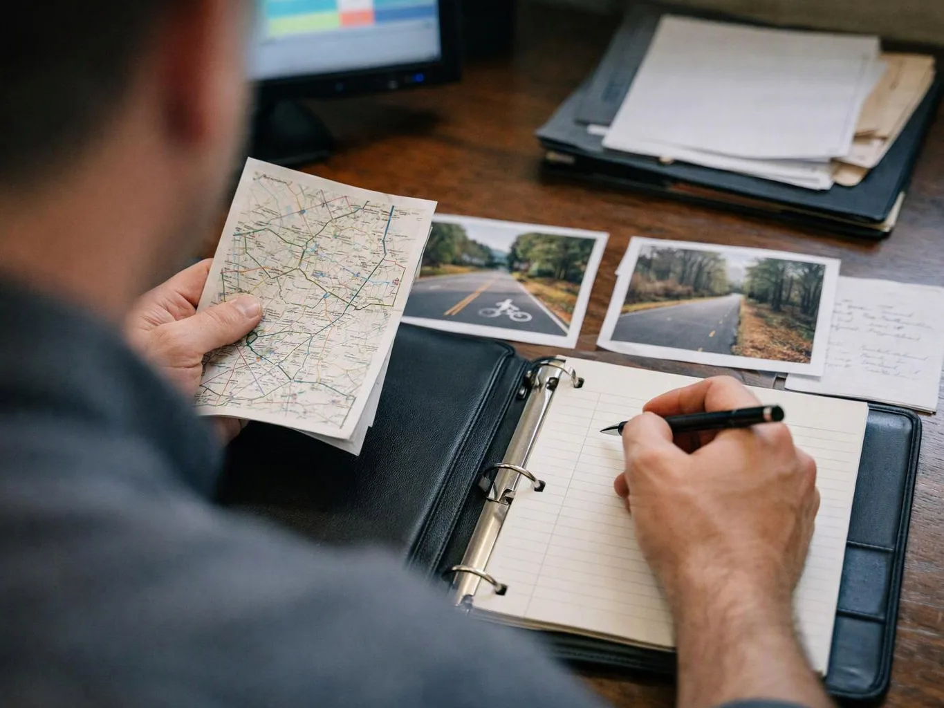 A person studies a paper map and writes in a ring binder beside printed road photos at a desk