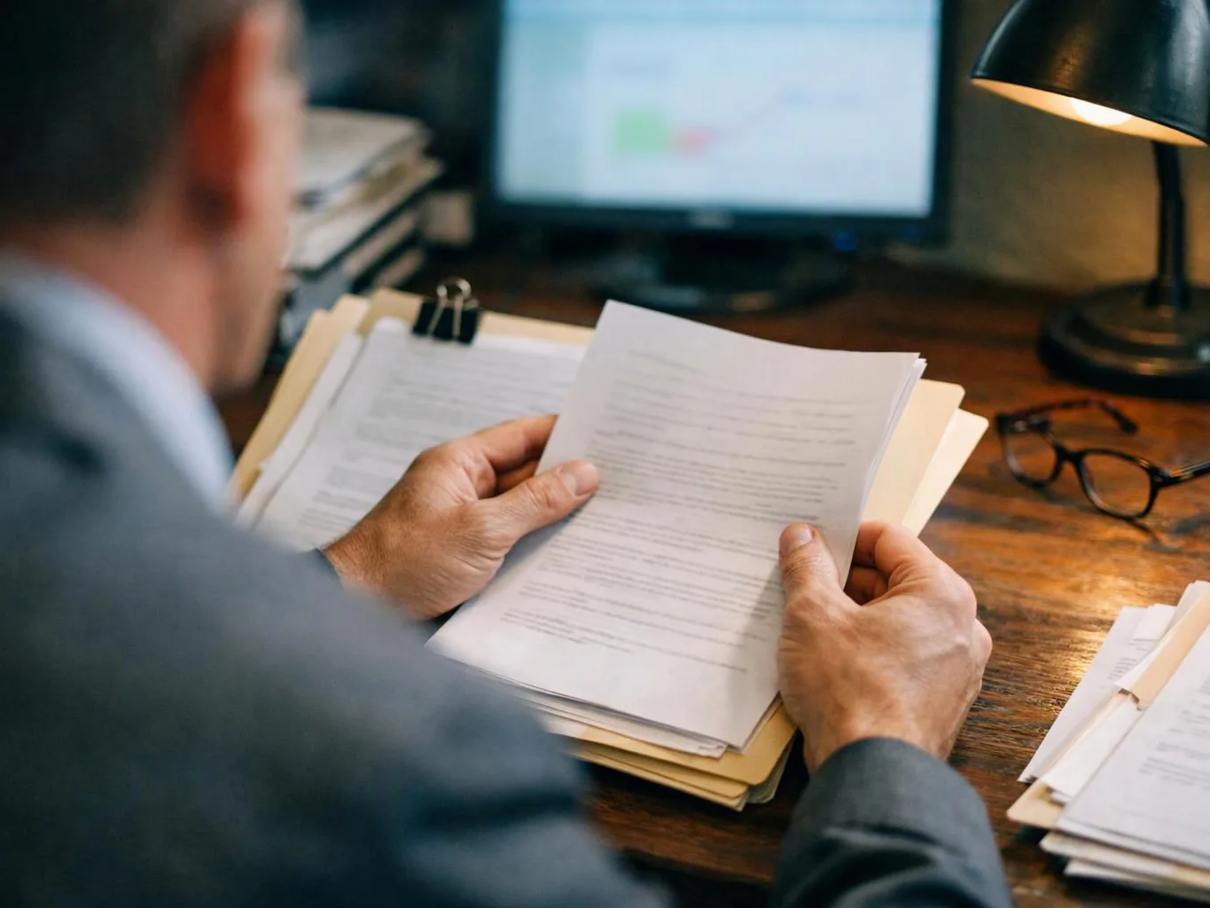 A person in a suit reads papers at a desk beside a lamp, monitor, and eyeglasses