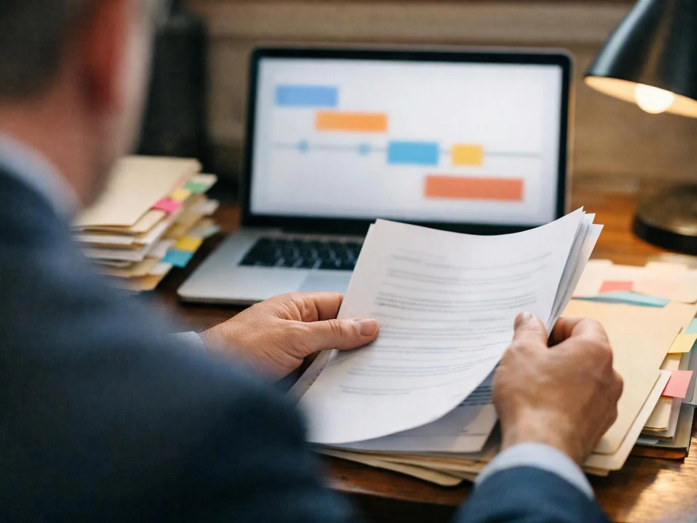 A person in a suit reviews papers at a desk with a laptop showing colored blocks and a lit lamp