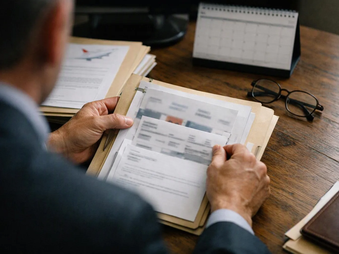 A person in a suit reviews papers in a folder at a wooden desk with a calendar and glasses