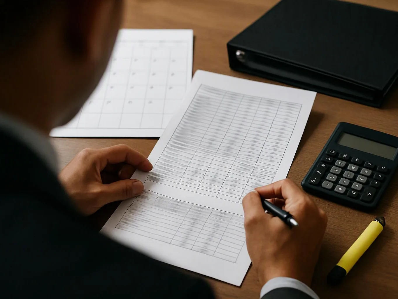 A person in a suit reviews printed spreadsheets and writes on a wooden desk beside a calculator and binder