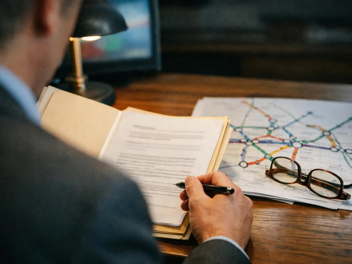 A person in a suit studies papers at a desk, with glasses, a lamp, and a colorful transit map nearby