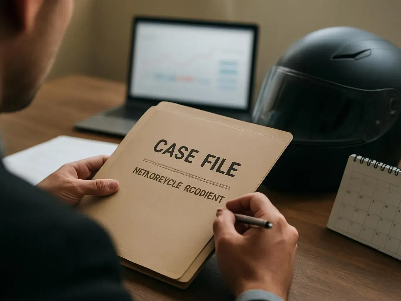 A person writes on a case file beside a black helmet, laptop, and desk calendar on a wooden table