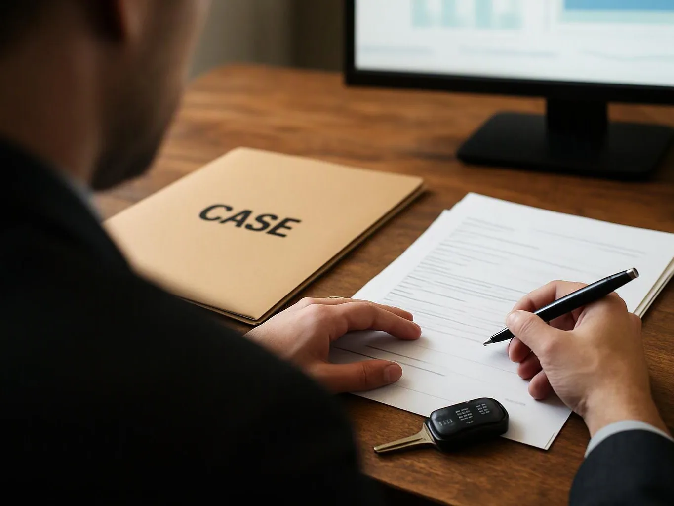 A person writes on a form beside a folder labeled case, with a key and computer monitor on a desk
