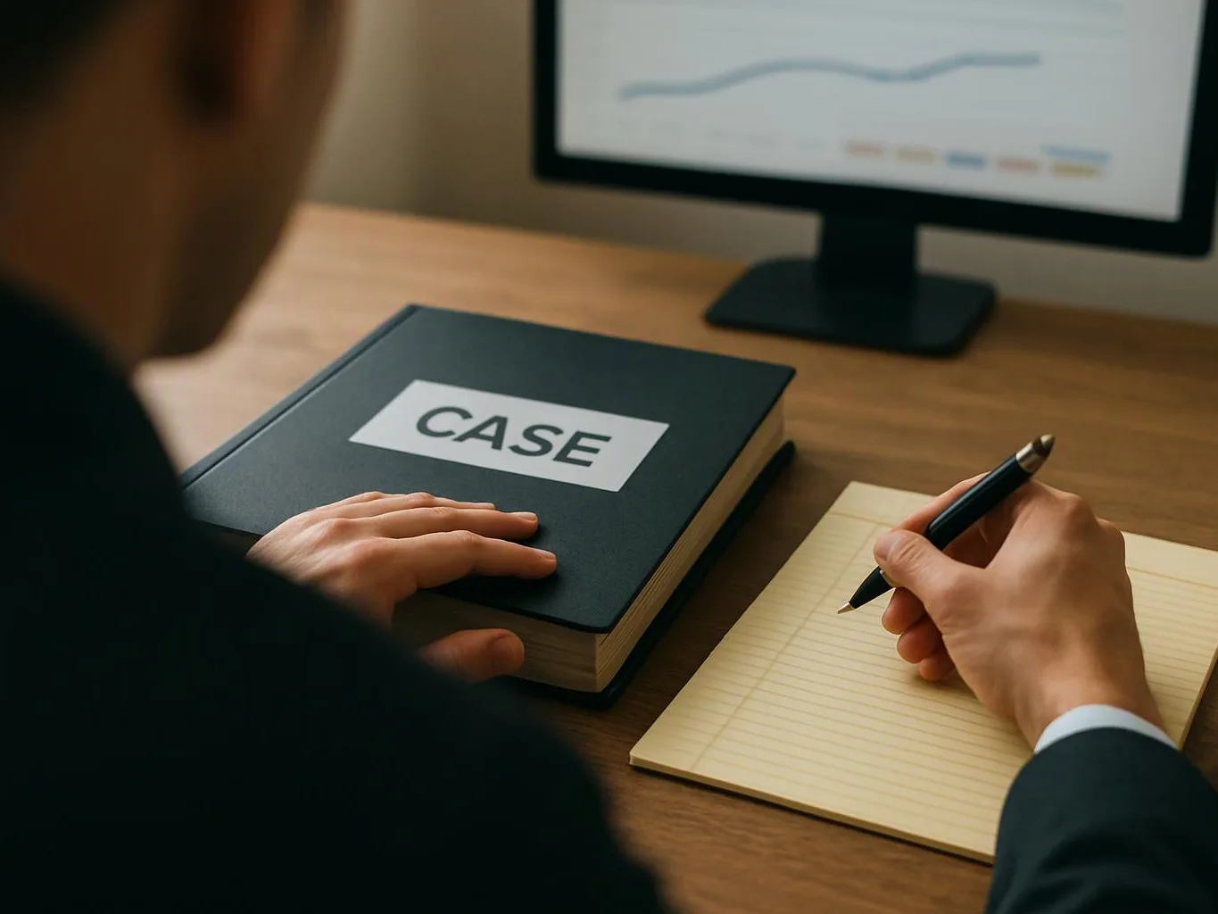 A person writes notes beside a book labeled CASE and a monitor showing a line graph