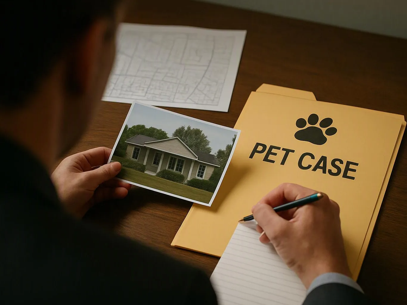 A person writes notes beside a pet case folder and a house photo on a wooden desk