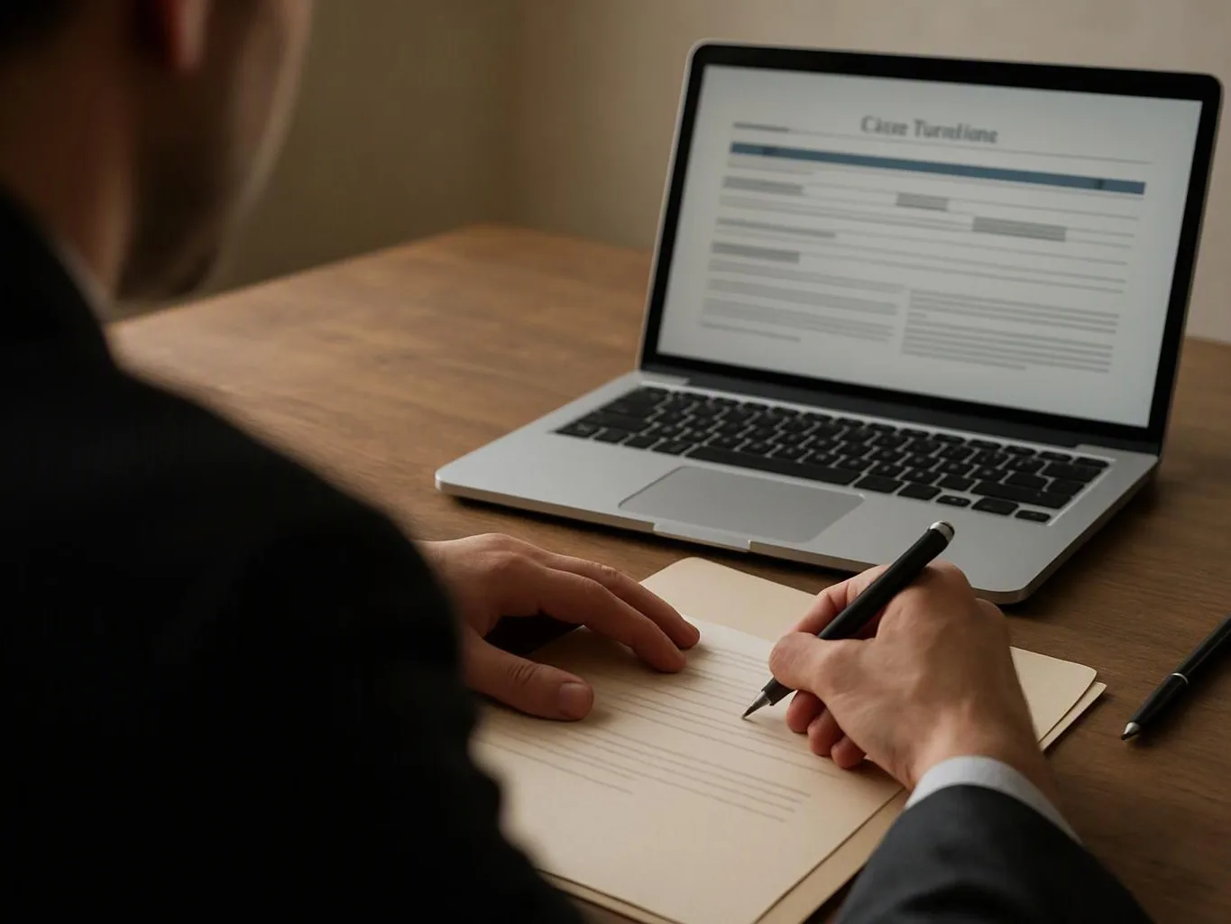 A person writes on paper beside a laptop showing a blurred contract on a wooden desk