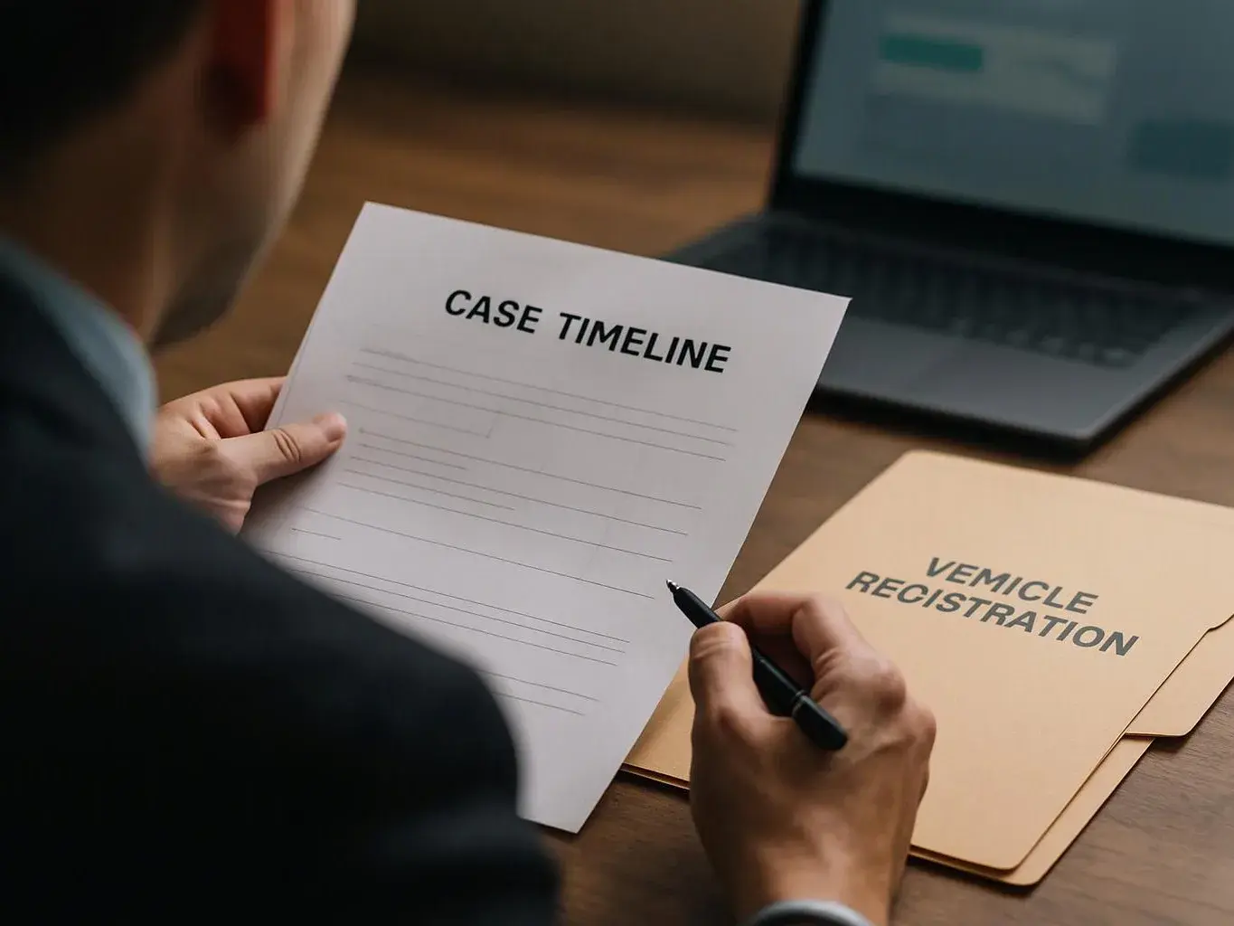 A person writes on a paper labeled “CASE TIMELINE” beside a folder marked “VEMICLE REGISTRATION” and a laptop on a desk