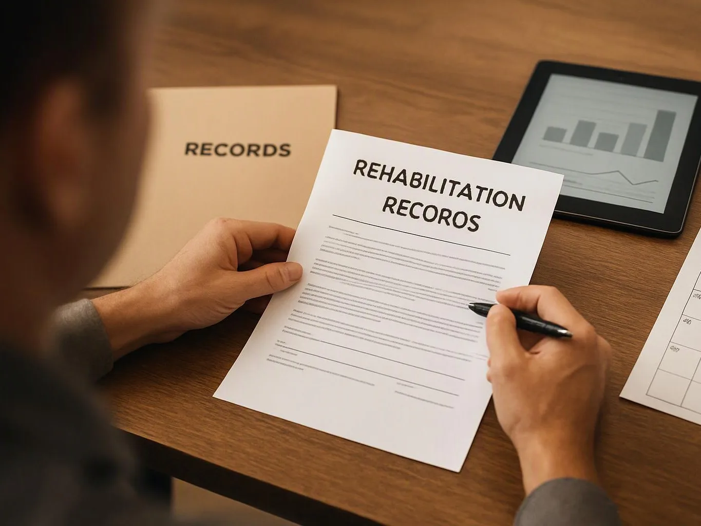 A person writes on a rehabilitation records form beside a folder, tablet chart, and paper on a wooden desk