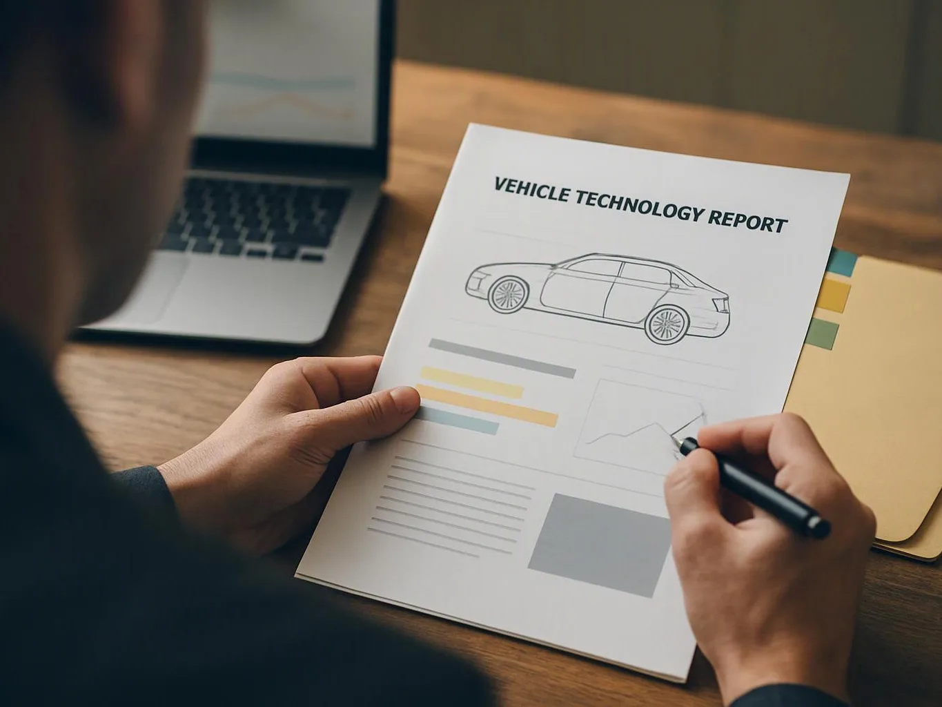 A person writes on a vehicle technology report beside a laptop at a wooden desk