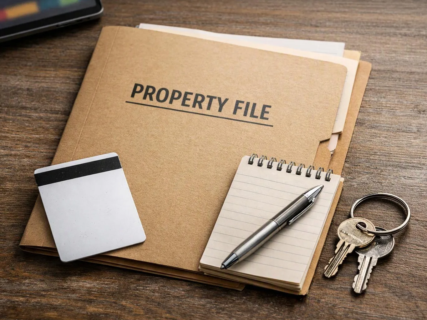 A property file folder sits on a wooden desk with a card, notebook, pen, and key ring arranged beside it