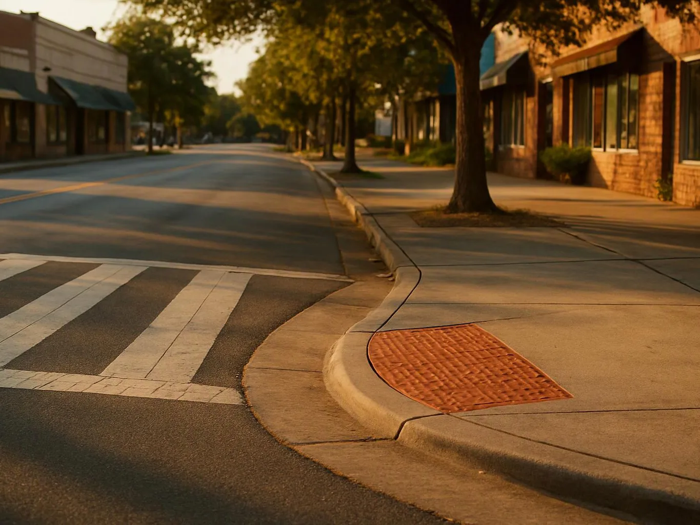 A quiet empty street curves past storefronts, trees, and a curb ramp with a crosswalk at sunset