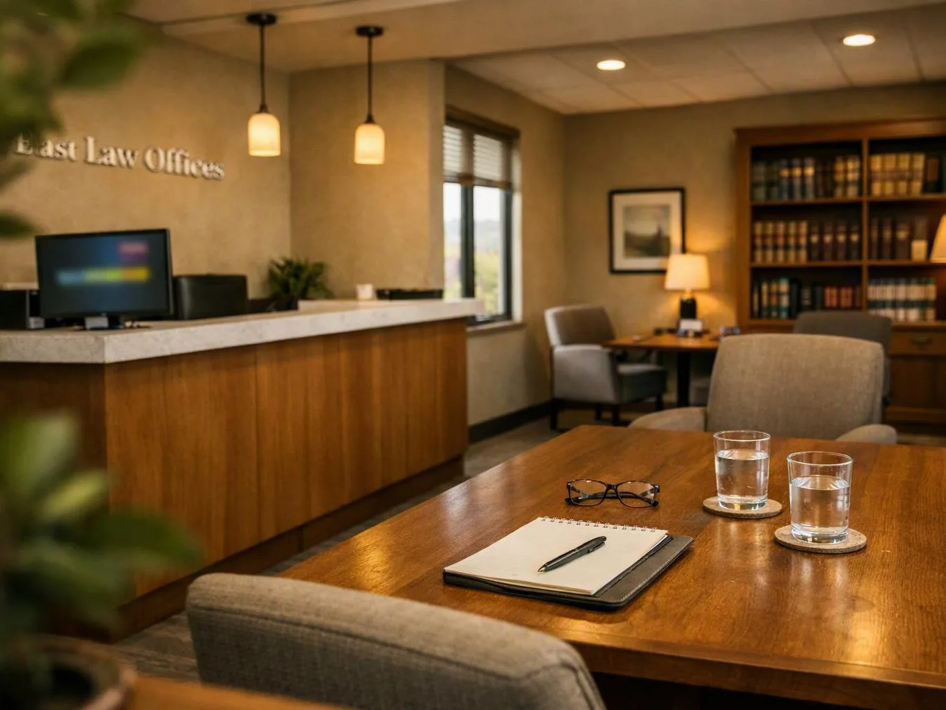 A quiet lobby shows a reception desk, bookshelves, and a table with glasses and a notebook