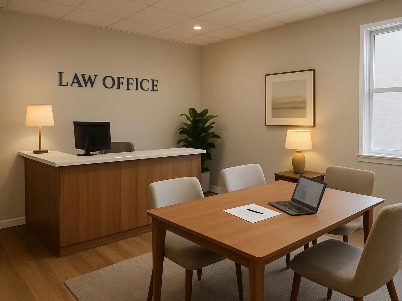 A quiet law office reception room shows a desk, chairs, lamps, a laptop, and wall letters reading “LAW OFFICE”
