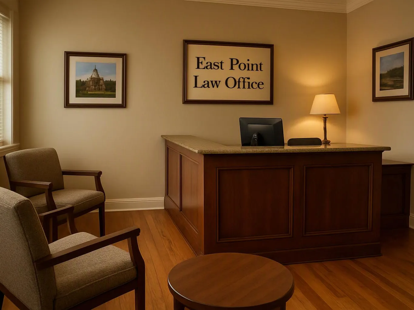 A quiet waiting room with chairs, a wooden desk, a lamp, and a framed sign on the wall