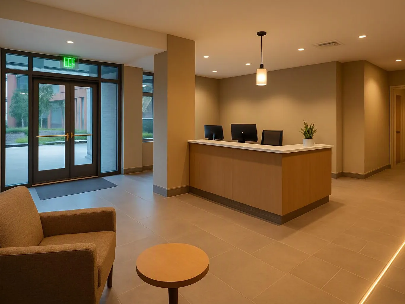 A quiet lobby shows a reception desk, glass entrance doors, a chair, and a small round table under warm lights