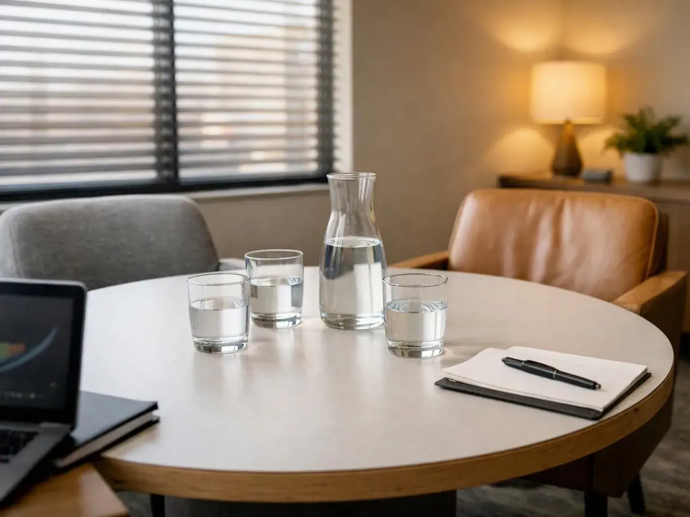 A quiet meeting room shows a round table with water glasses, a carafe, a notebook, and a pen