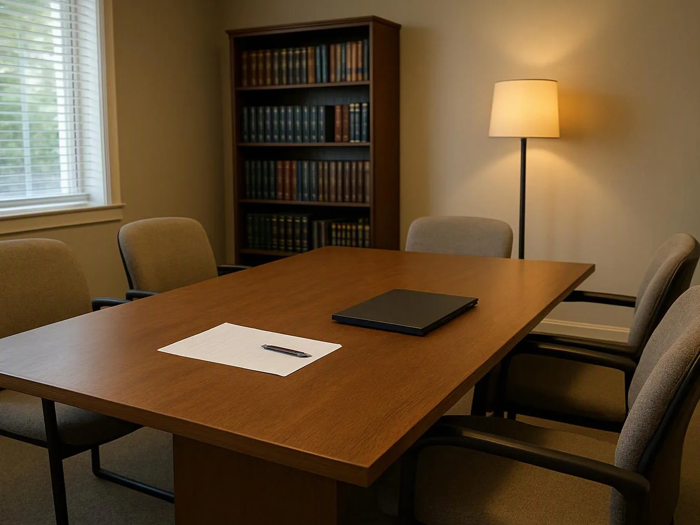 A quiet meeting room shows a wooden table with chairs, a notebook, paper, a pen, bookshelves, and a floor lamp