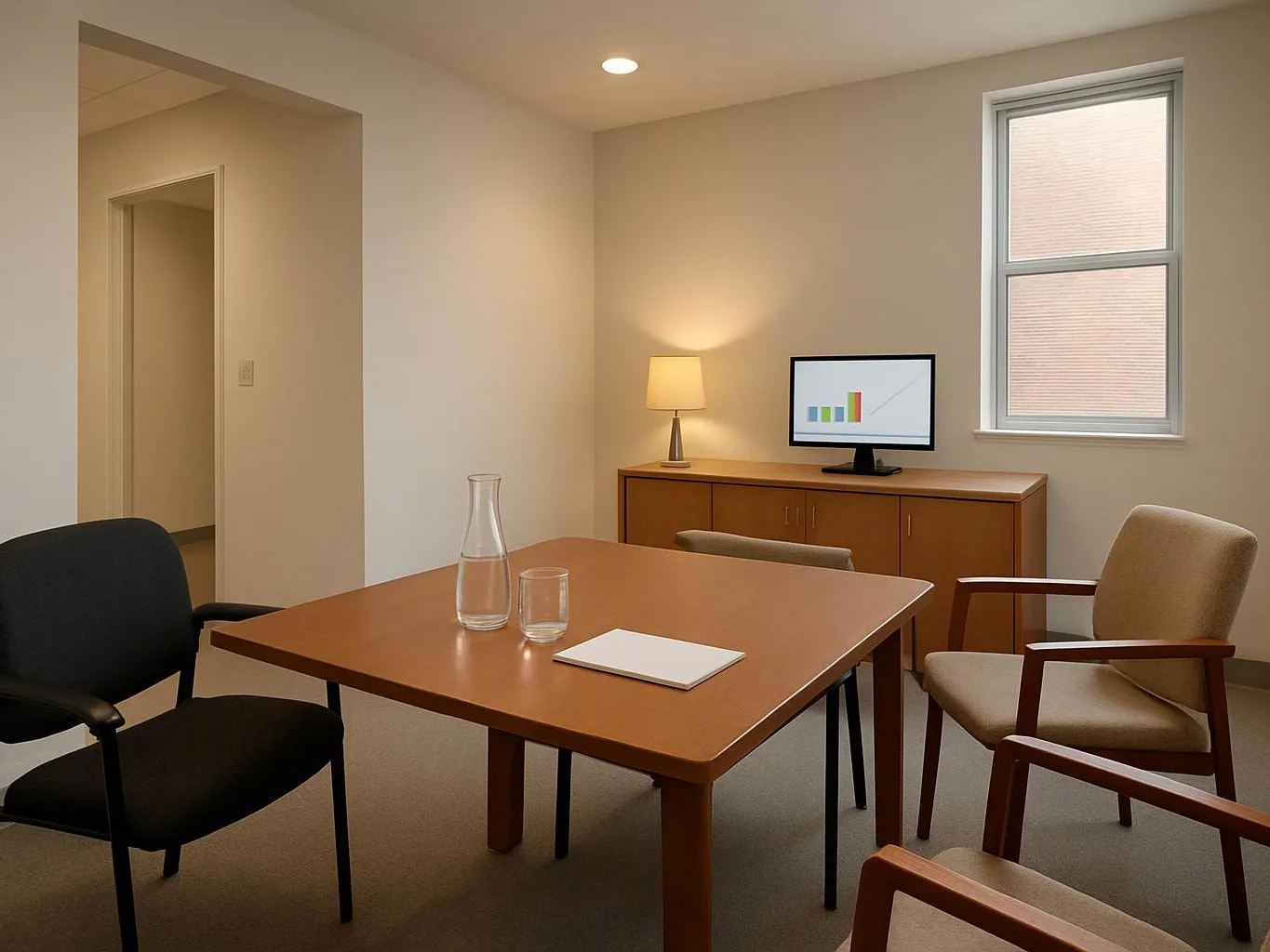 A quiet meeting room shows a wooden table, four chairs, a lamp, a monitor, and a window