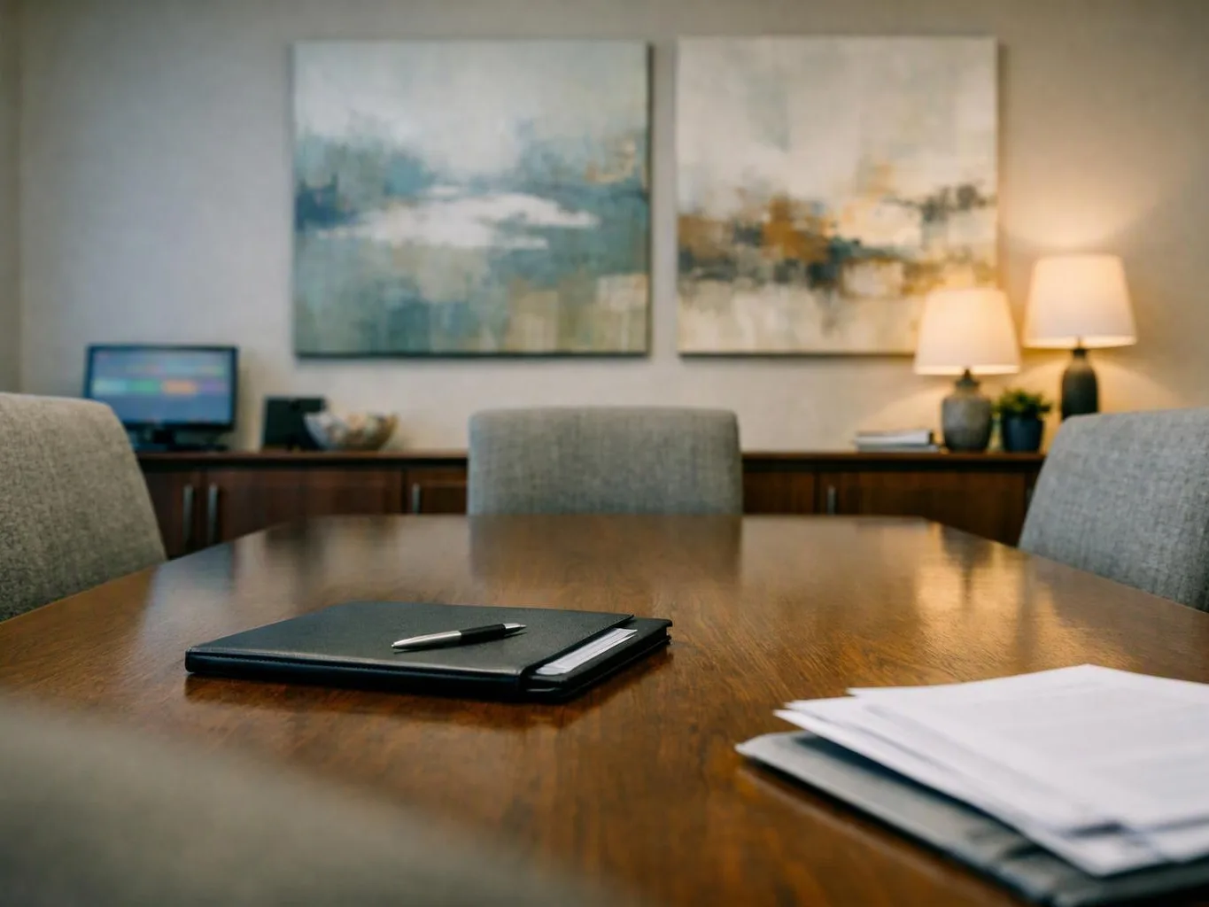 A quiet meeting room shows a wooden table with a notebook, pen, papers, chairs, lamps, and abstract wall art