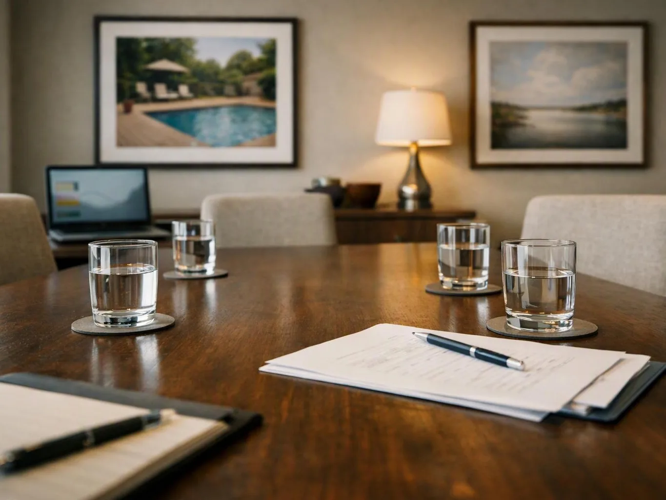 A quiet meeting room shows a wooden table with water glasses, papers, pens, and framed wall art