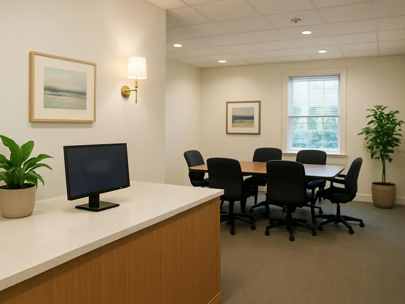 A quiet office conference room has a desk, monitor, round table, black chairs, wall art, and potted plants