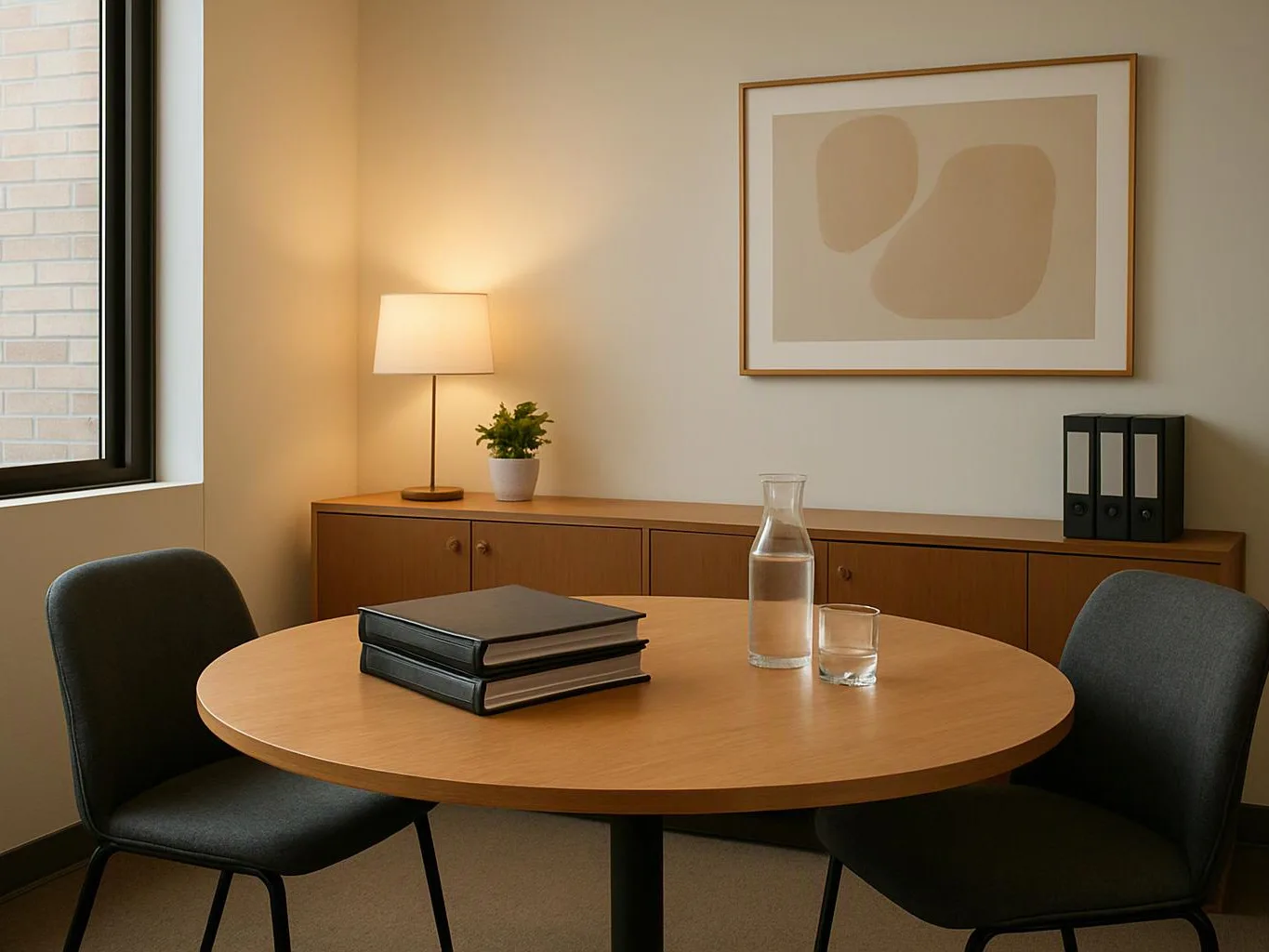 A quiet office meeting room with a round table, two chairs, lamp, books, water, and framed wall art