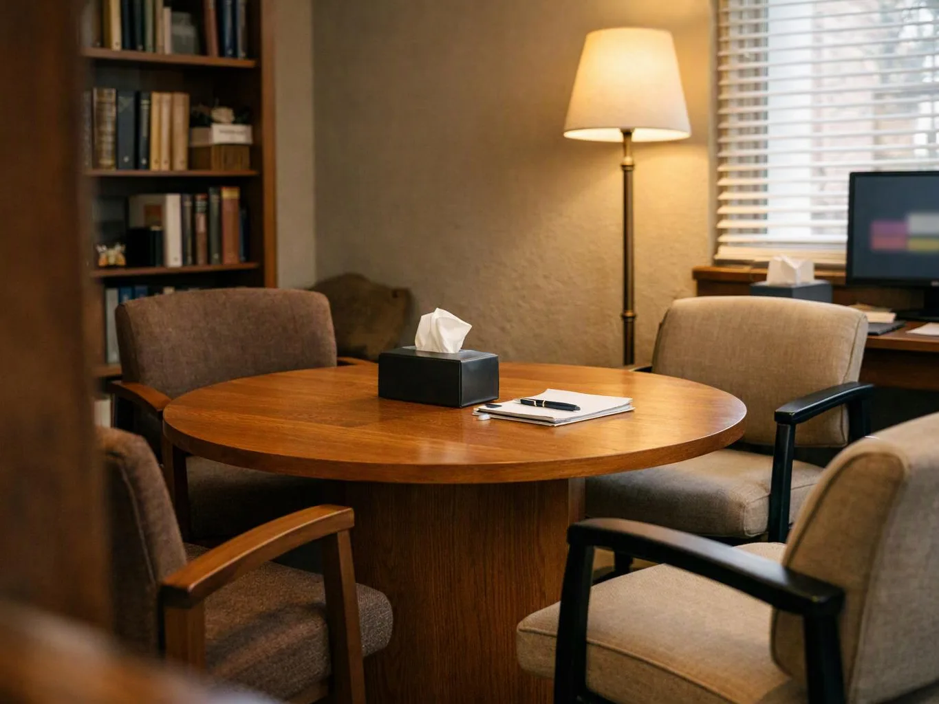 A quiet office meeting room with round wooden table, four chairs, lamp, bookshelves, and tissue box