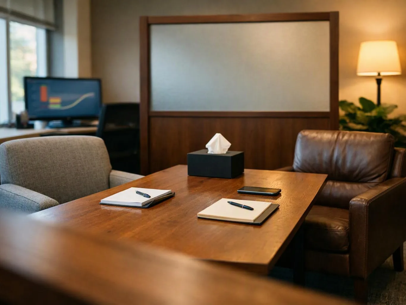 A quiet office meeting room shows a wooden table with notebooks, pens, a phone, and two chairs