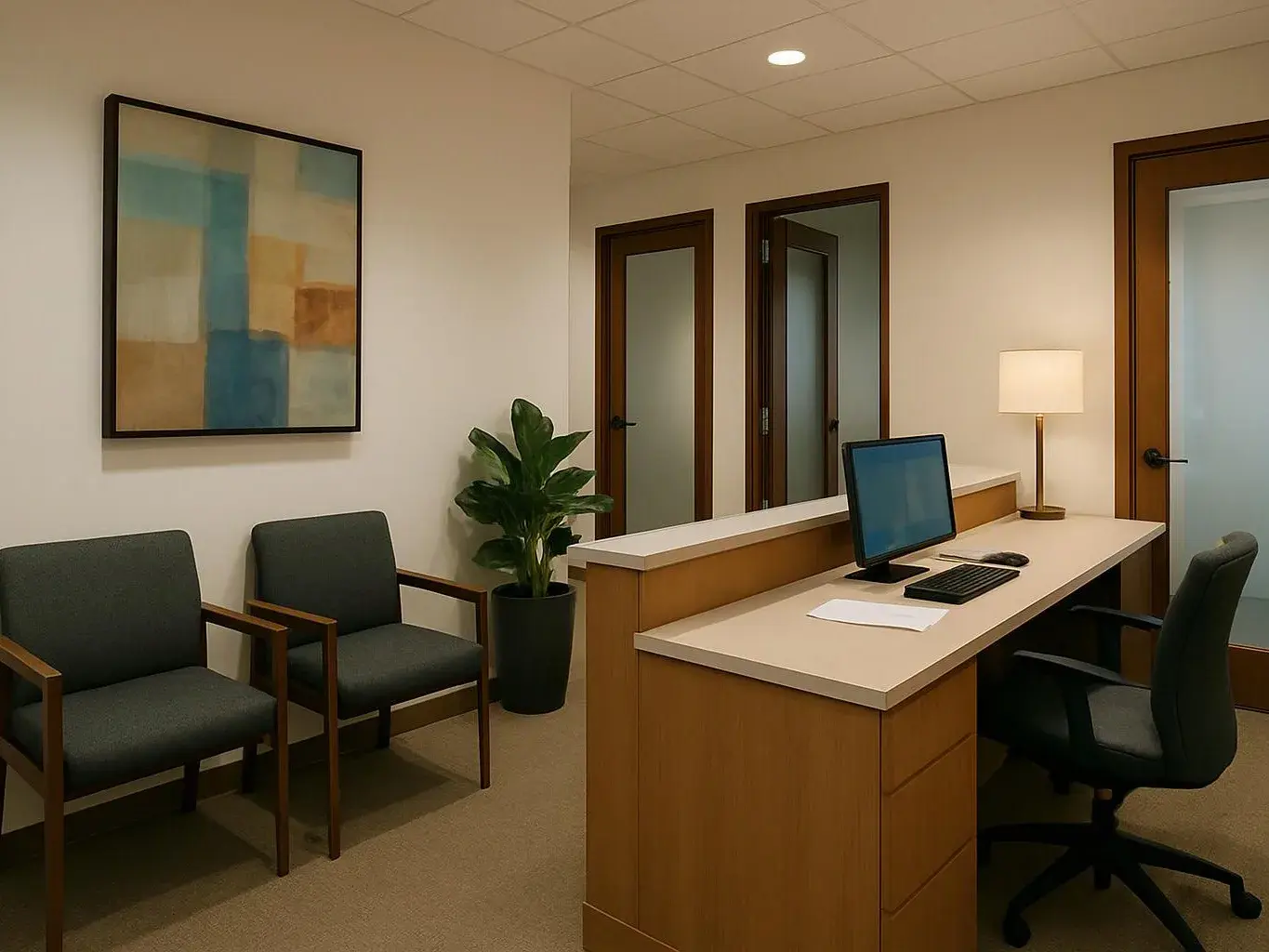 A quiet office reception area with chairs, a desk, a computer, a lamp, and framed abstract art