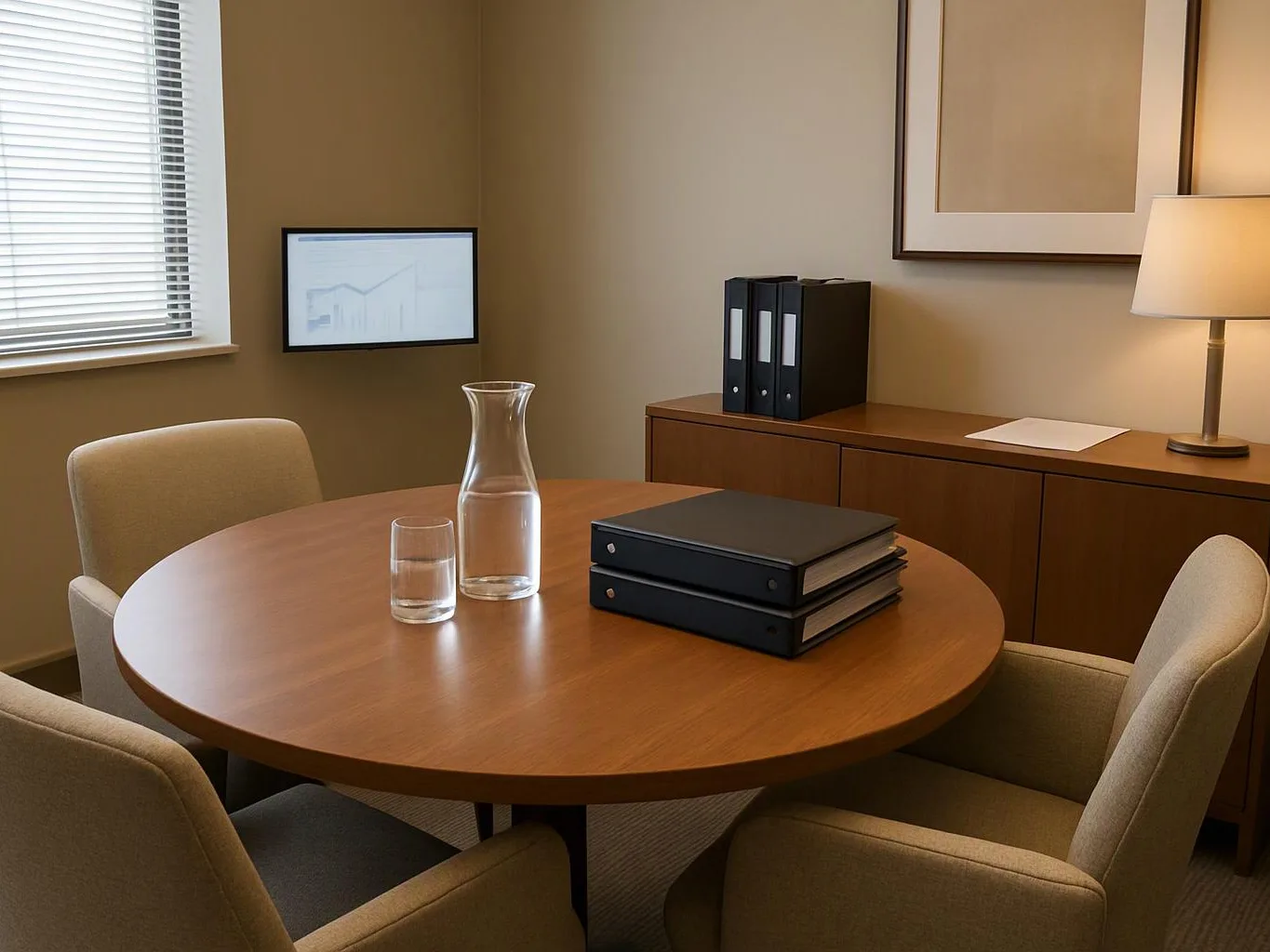 A quiet office room has a round wooden table with binders, glasses, chairs, and a lamp by a cabinet