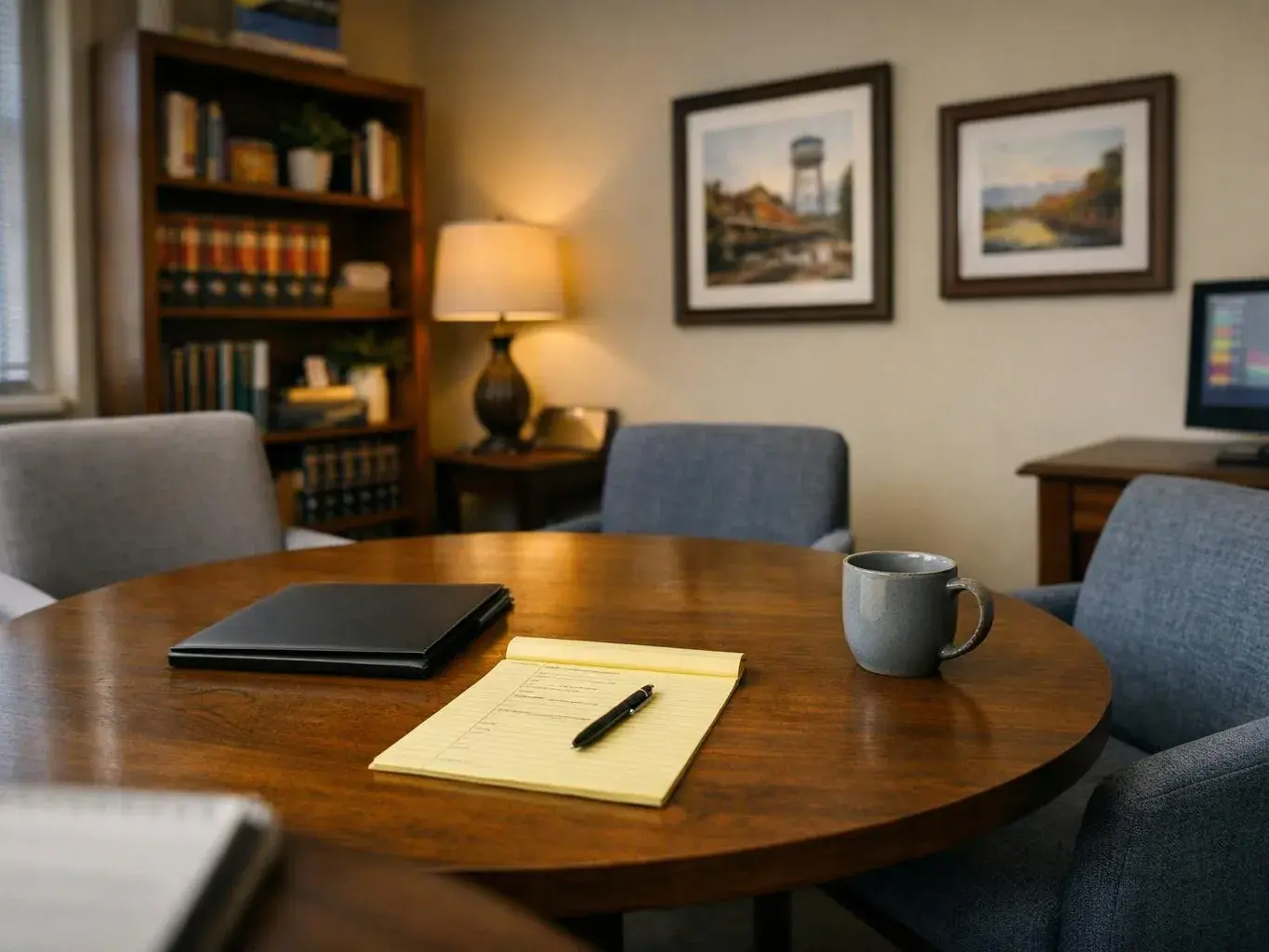 A quiet office with a round table, notebook, laptop, mug, chairs, bookshelves, lamp, and framed wall art