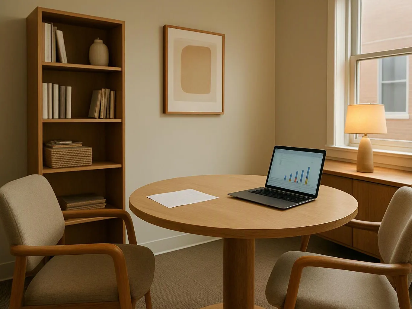 A quiet office shows a round table, two chairs, a laptop with charts, a lamp, and a bookshelf