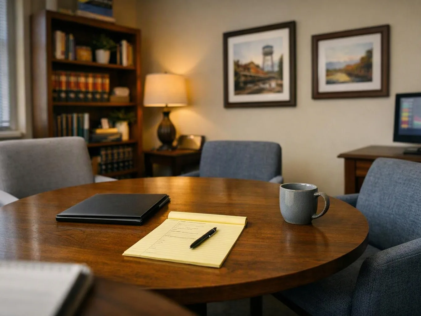 A quiet office shows a round wooden table with a notebook, pen, mug, and closed laptop beside chairs and bookshelves
