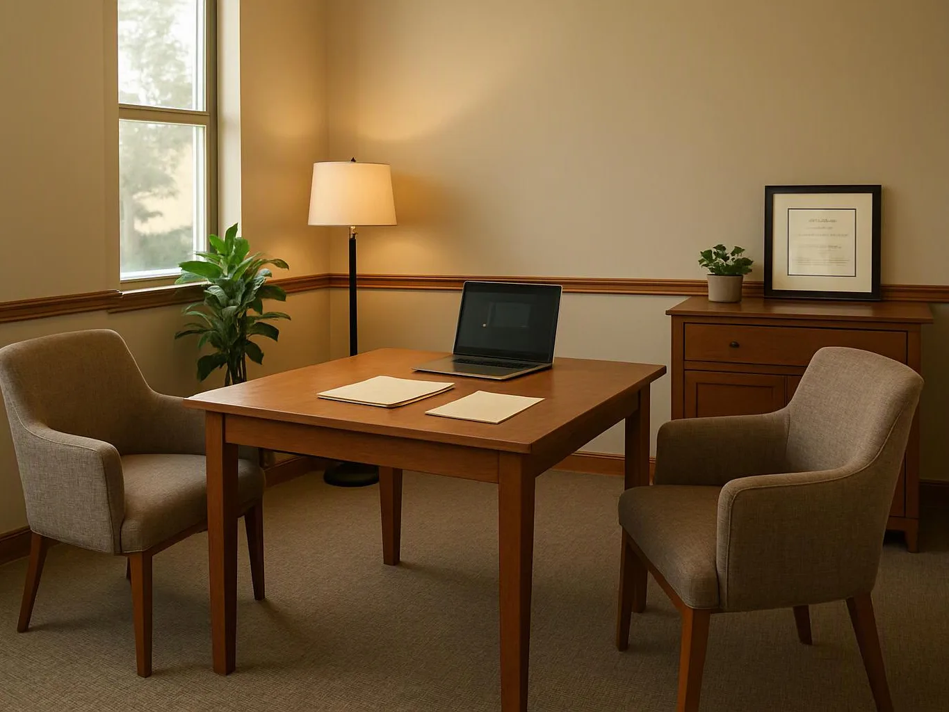 A quiet office with two chairs, a wooden table, a laptop, papers, a lamp, plants, and a framed document