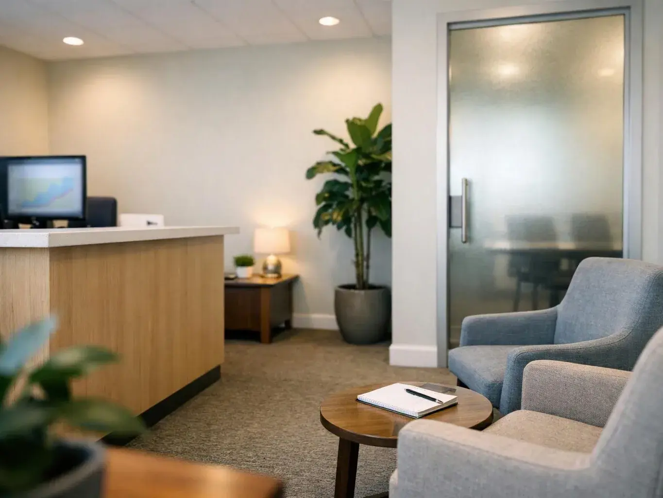 A quiet office waiting room with chairs, a small table, a reception desk, and a frosted glass door