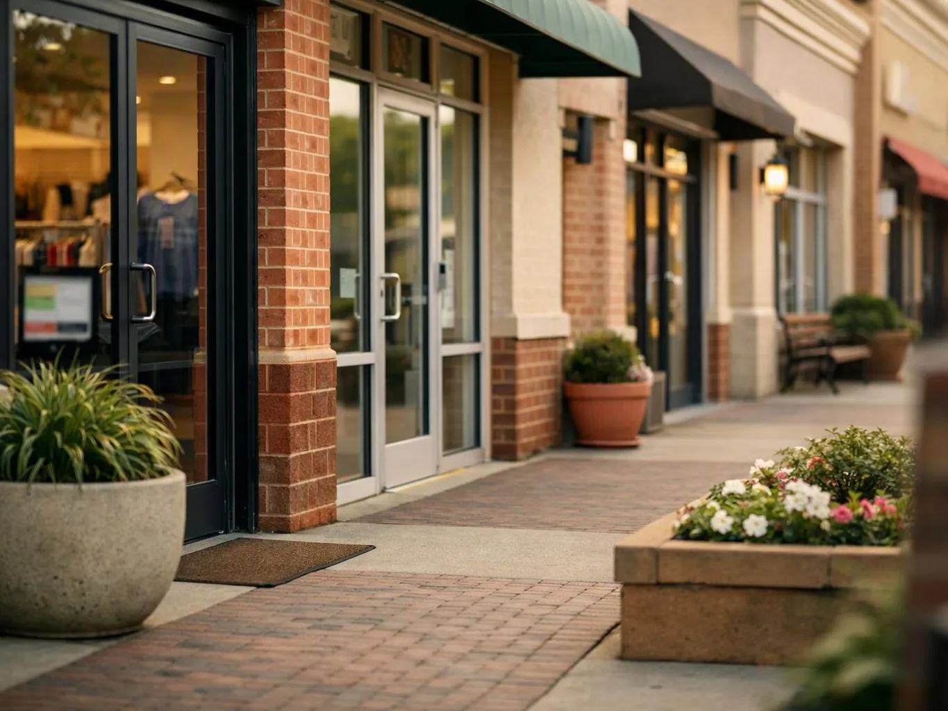 A quiet row of storefronts lines a brick walkway with awnings, potted plants, and flower boxes
