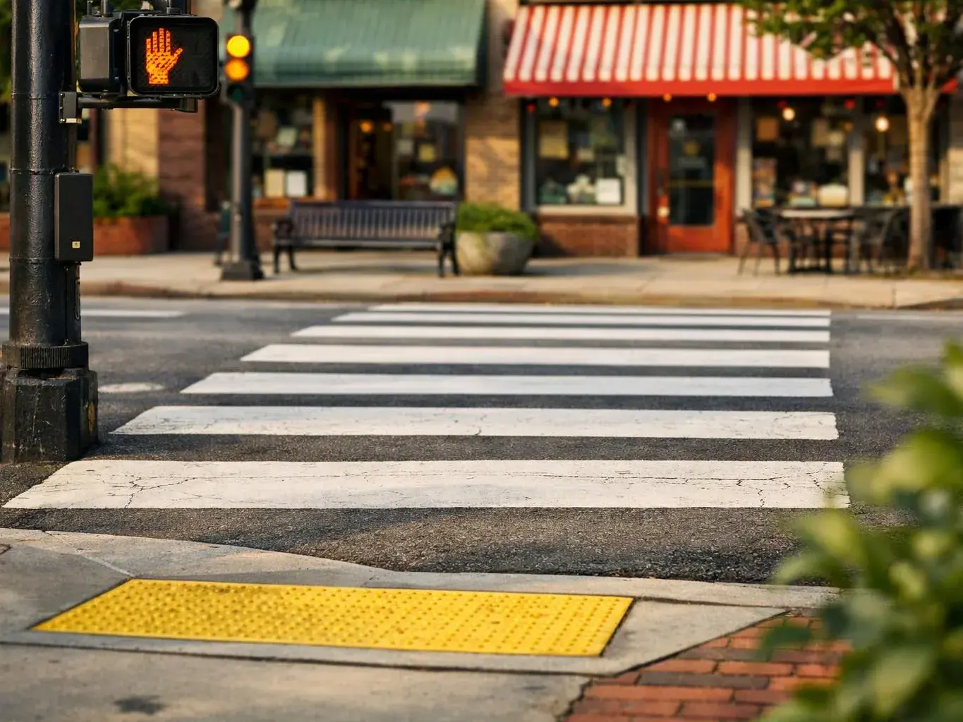 A quiet street crosswalk sits beside a flashing hand signal, storefronts, and a yellow curb ramp