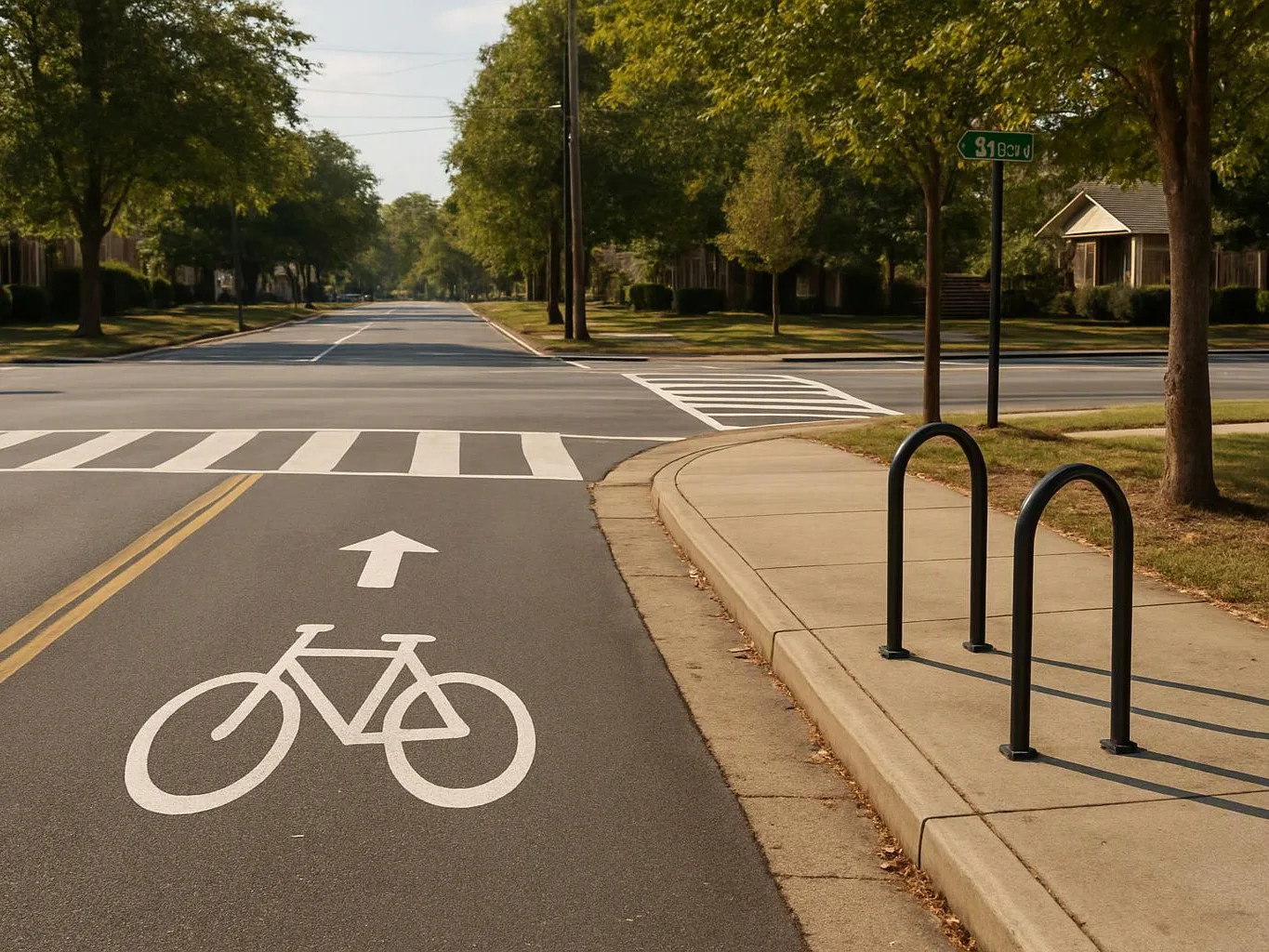 A quiet suburban street shows a bike lane marking, crosswalk, and sidewalk beside trees and houses