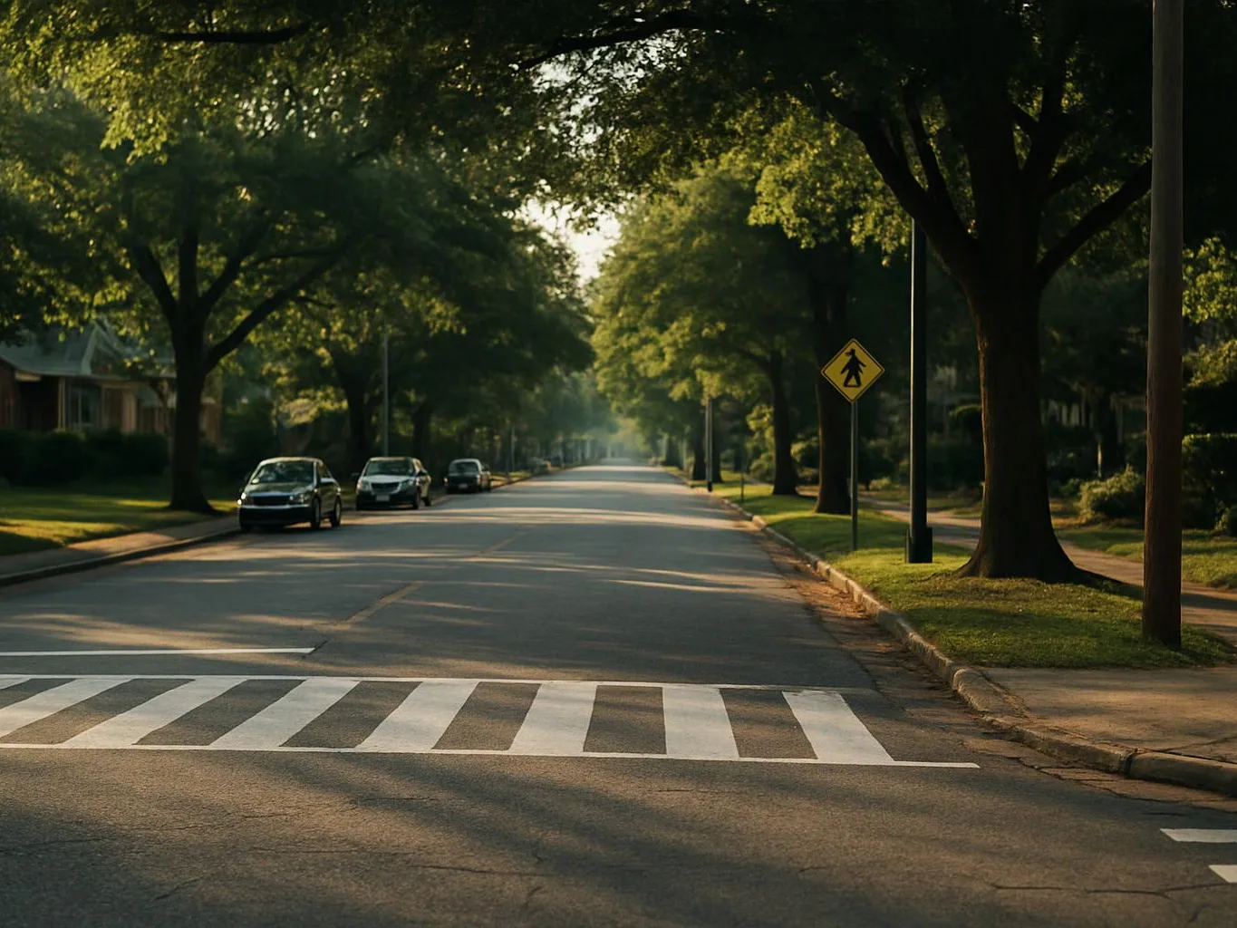 A quiet tree-lined street shows parked cars, a crosswalk, and a pedestrian warning sign under warm sunlight