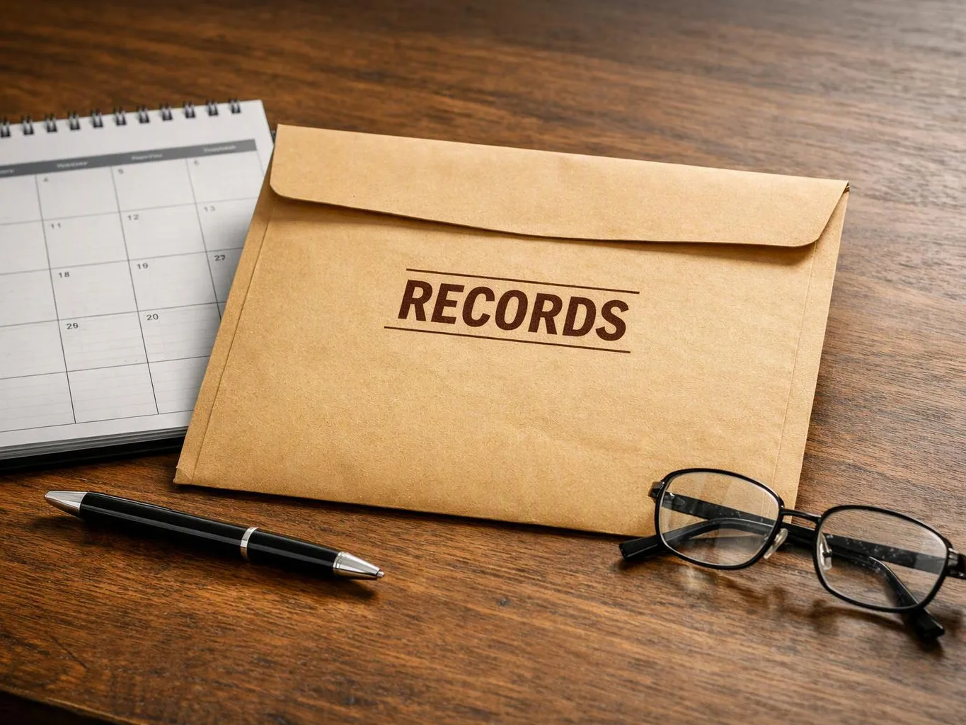 A records folder sits on a wooden desk beside a calendar, pen, and eyeglasses