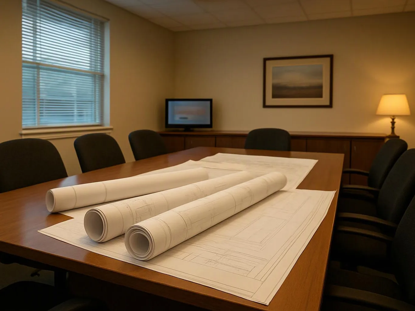 Rolled architectural blueprints lie on a conference table in a quiet meeting room with chairs, a lamp, and a window