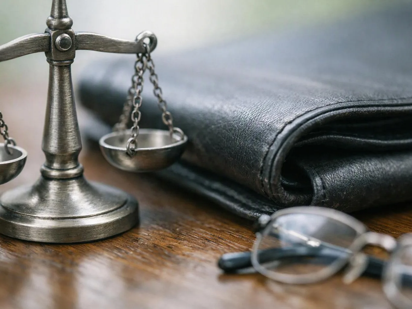 A silver balance scale, a folded black leather wallet, and eyeglasses sit on a wooden table