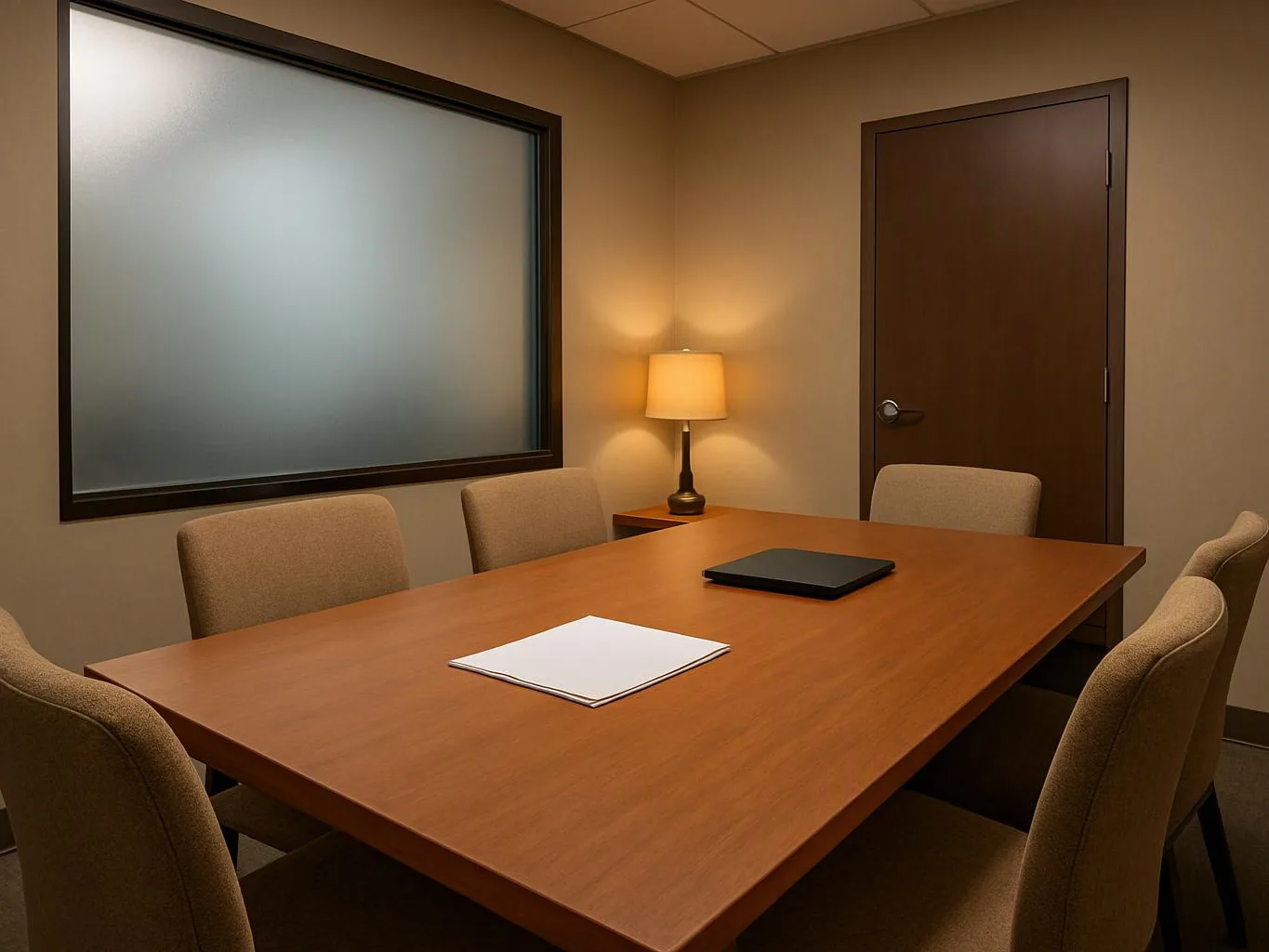A small conference room has a wooden table, six beige chairs, a lamp, a frosted window, and a closed door