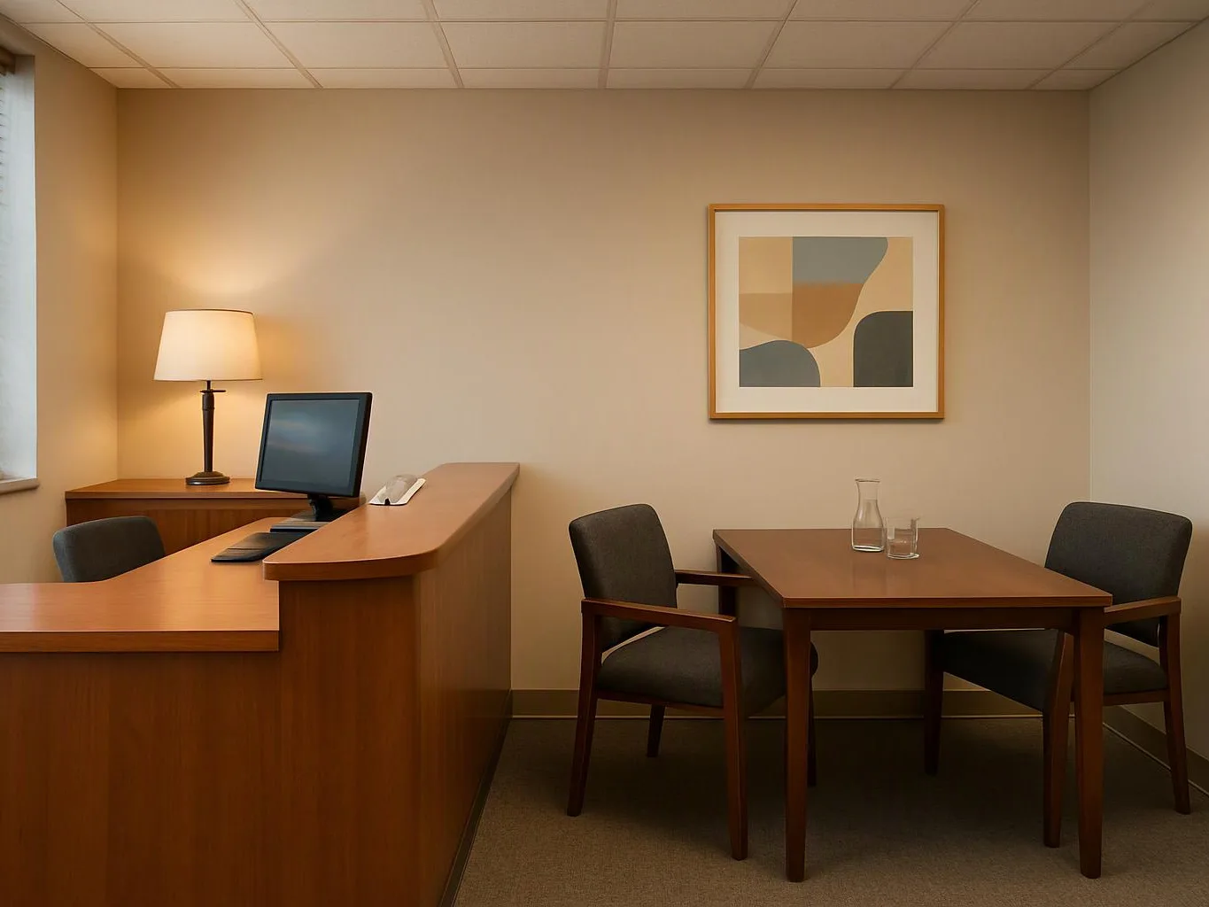 A small office waiting room shows a wooden desk, two chairs, a table with glassware, and wall art under soft light
