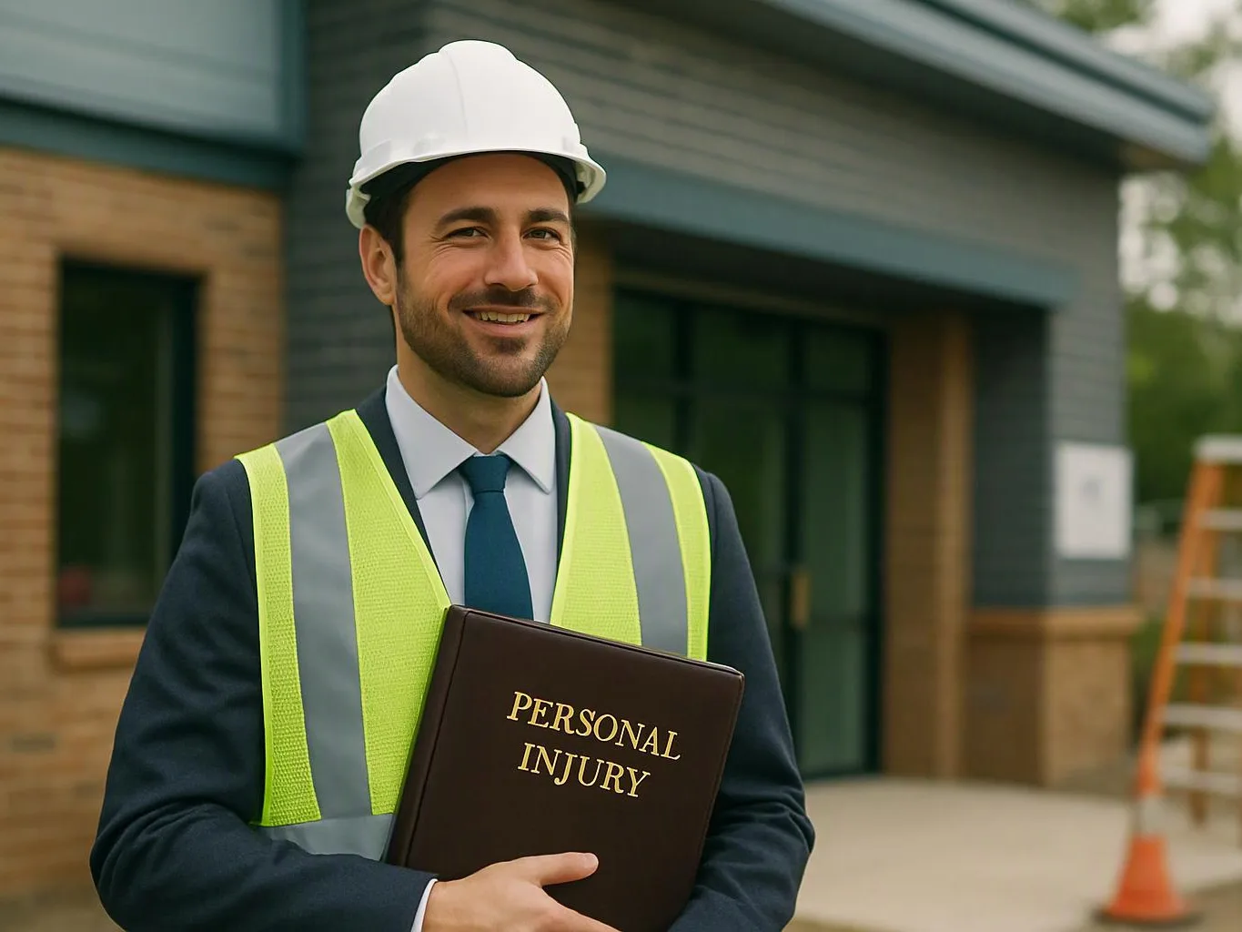 A smiling man in a hard hat and safety vest holds a folder labeled “PERSONAL INJURY” outside a building