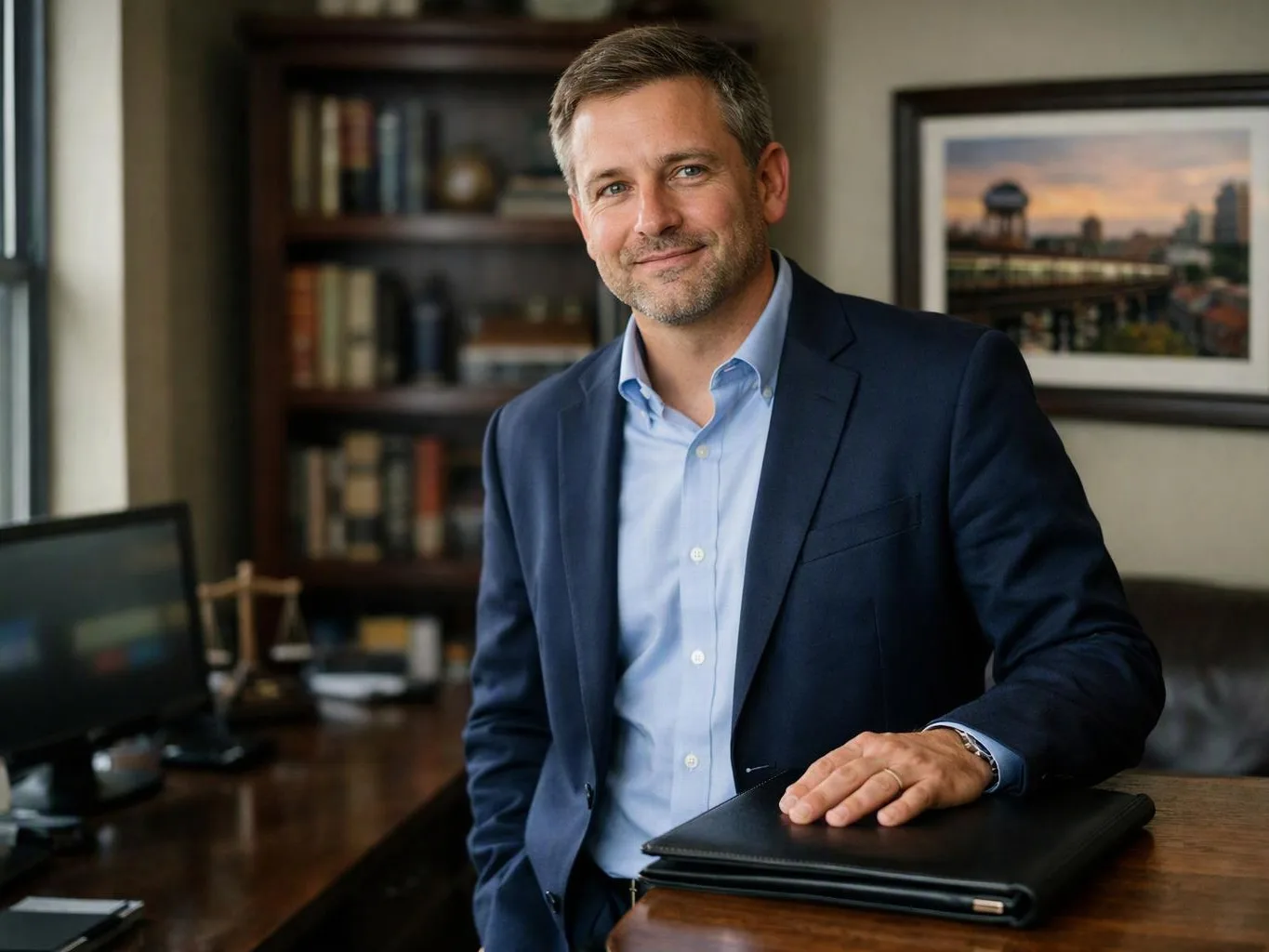 A smiling man in a navy blazer stands by a desk in a book-lined office with a framed picture behind him